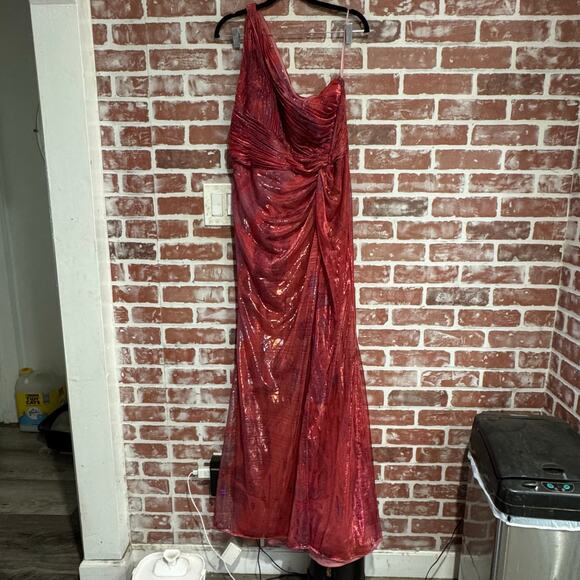 Rene Ruiz Collectio. Red Printed Organza Pleated Bodice Evening Gown Size 12 - Picture 2 of 11